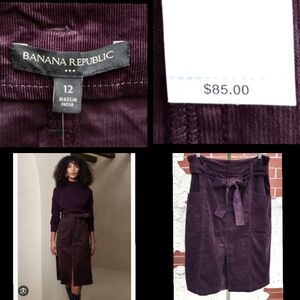$85 New women BANANA REPUBLIC purple corduroy midi skirt pencil front slit waist